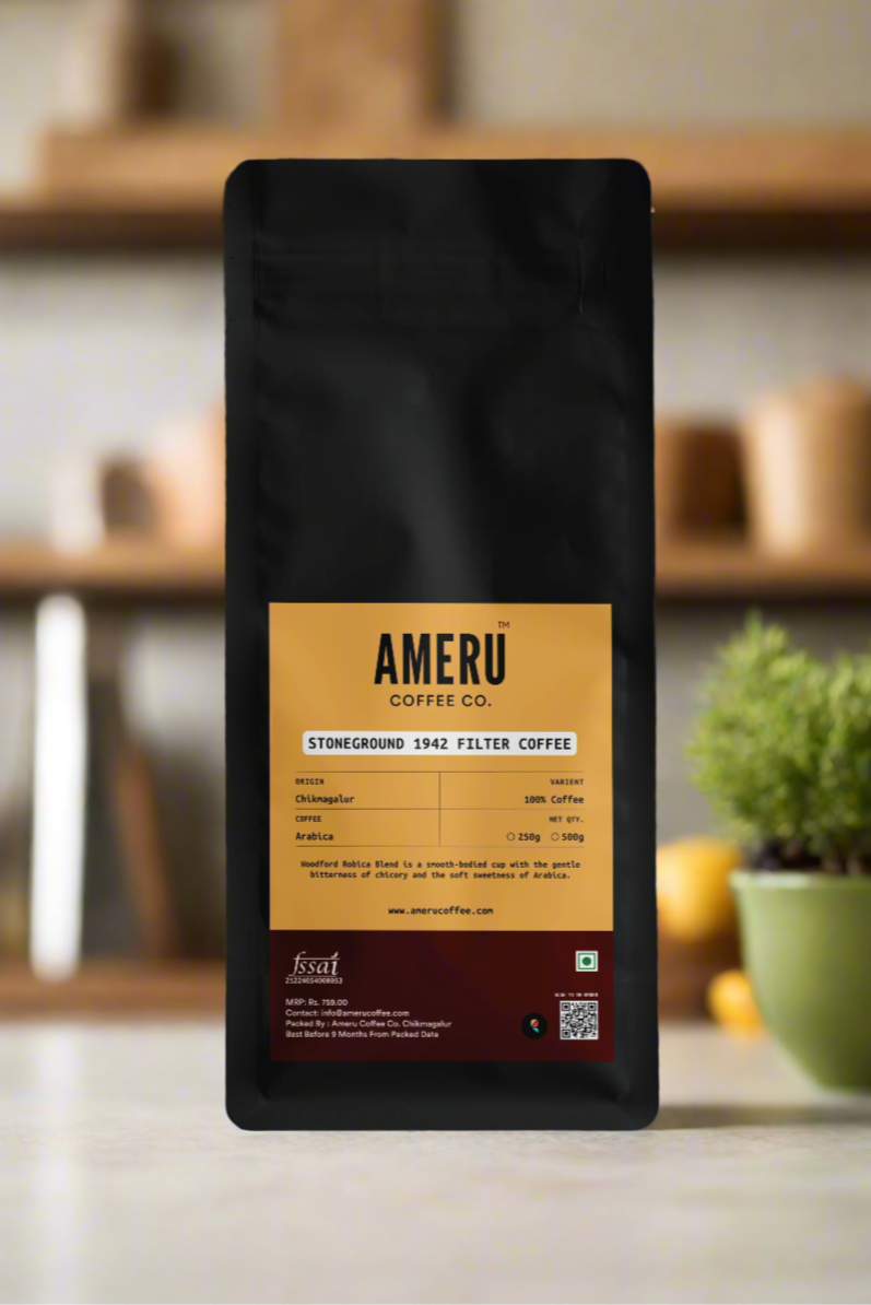 Black coffee bag with a yellow label featuring 'AMERU Coffee Co.' on a white background